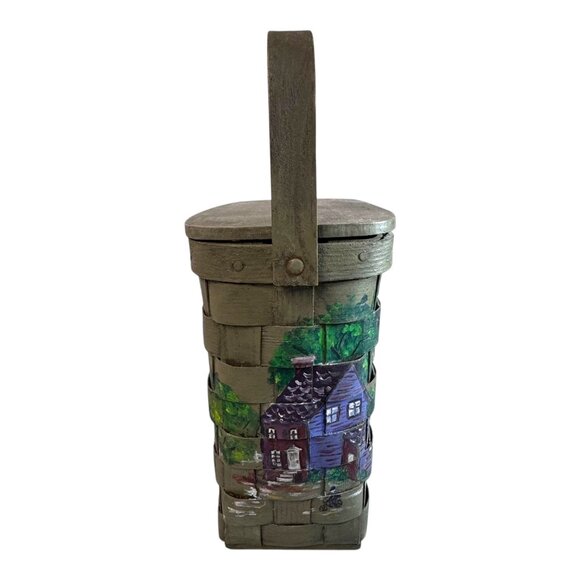 Vtg Hand-Painted Green Picnic Basket Purse Church Steeple Handle Village Scene - Picture 8 of 11